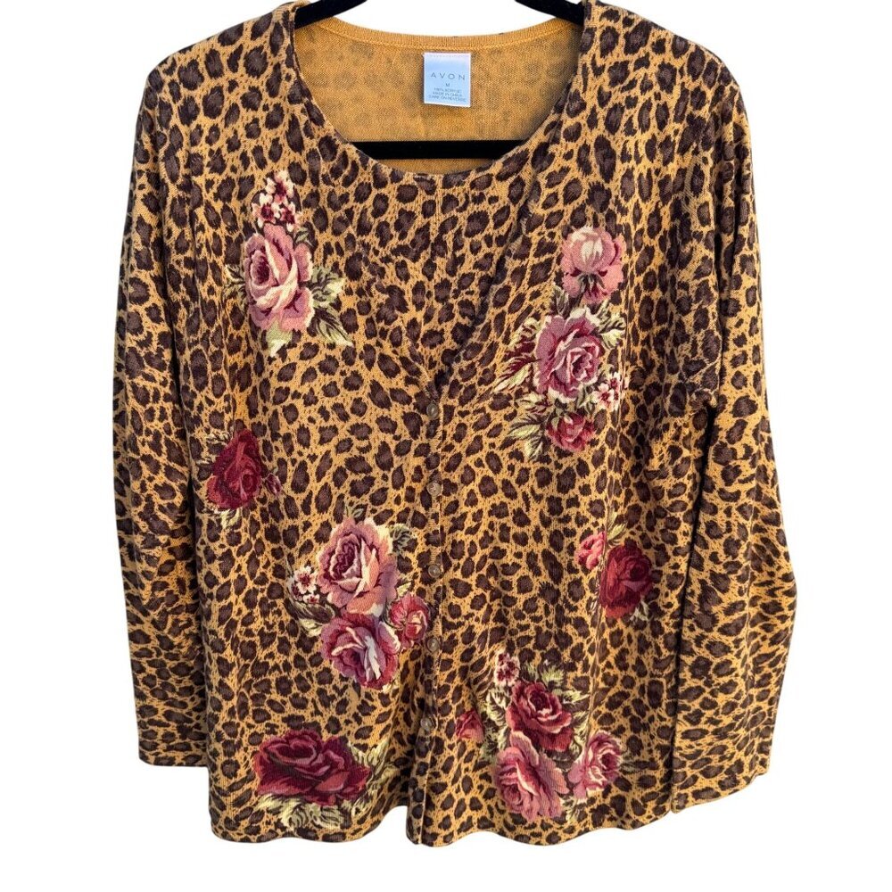Avon Vintage Womens Leopard Print Rose Floral Knit‎ One Piece Cardigan Sweater M